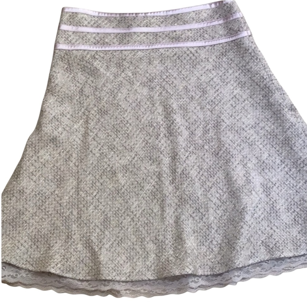 Vintage Peach Pink Tweed Skirt Gold Metallic Satin Lace Trim Classic Old Money